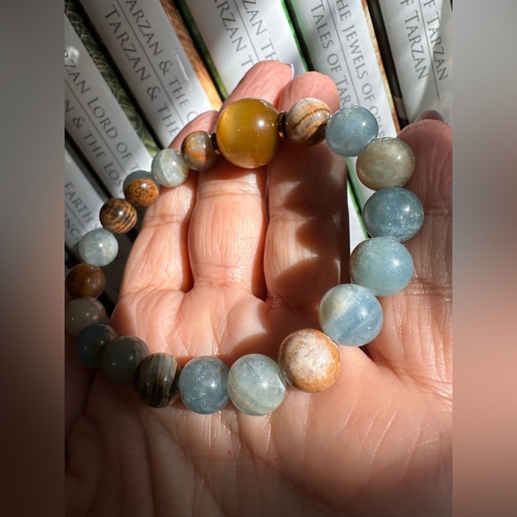 LEMURIAN AQUATINE + YELLOW TIGERS NATURAL STONES BRACELET size 7” - Picture 7 of 10